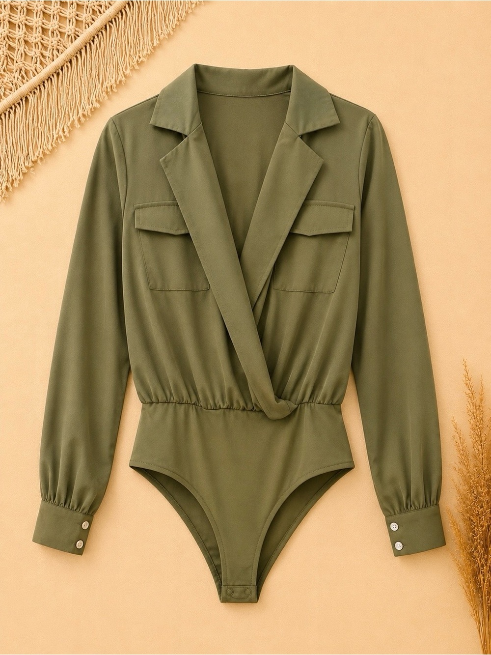 SHEIN Olive Green Long Sleeve Surplice Bodysuit